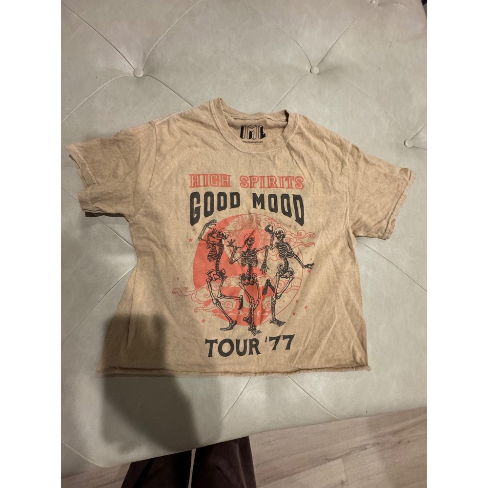 Isaac Morris High Spirits Good Mood Tour 77 Skeleton Graphic Crop Tee Tan XS